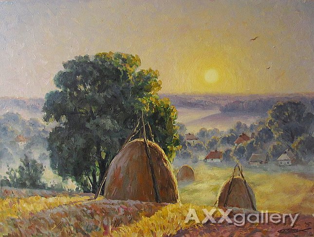 Morning in the Ukraine. Haystacks.